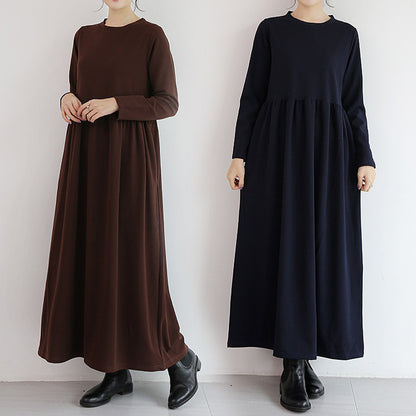 【24AW】【ワンピース】4color 無地 レトロ ラウンドネック ゆったり 長袖ワンピース