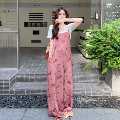 2点セット！【セットアップ】韓国風 サロペットセット レディース 夏 プリント柄 Tシャツ 上下セット カジュアル【SHシリーズ】