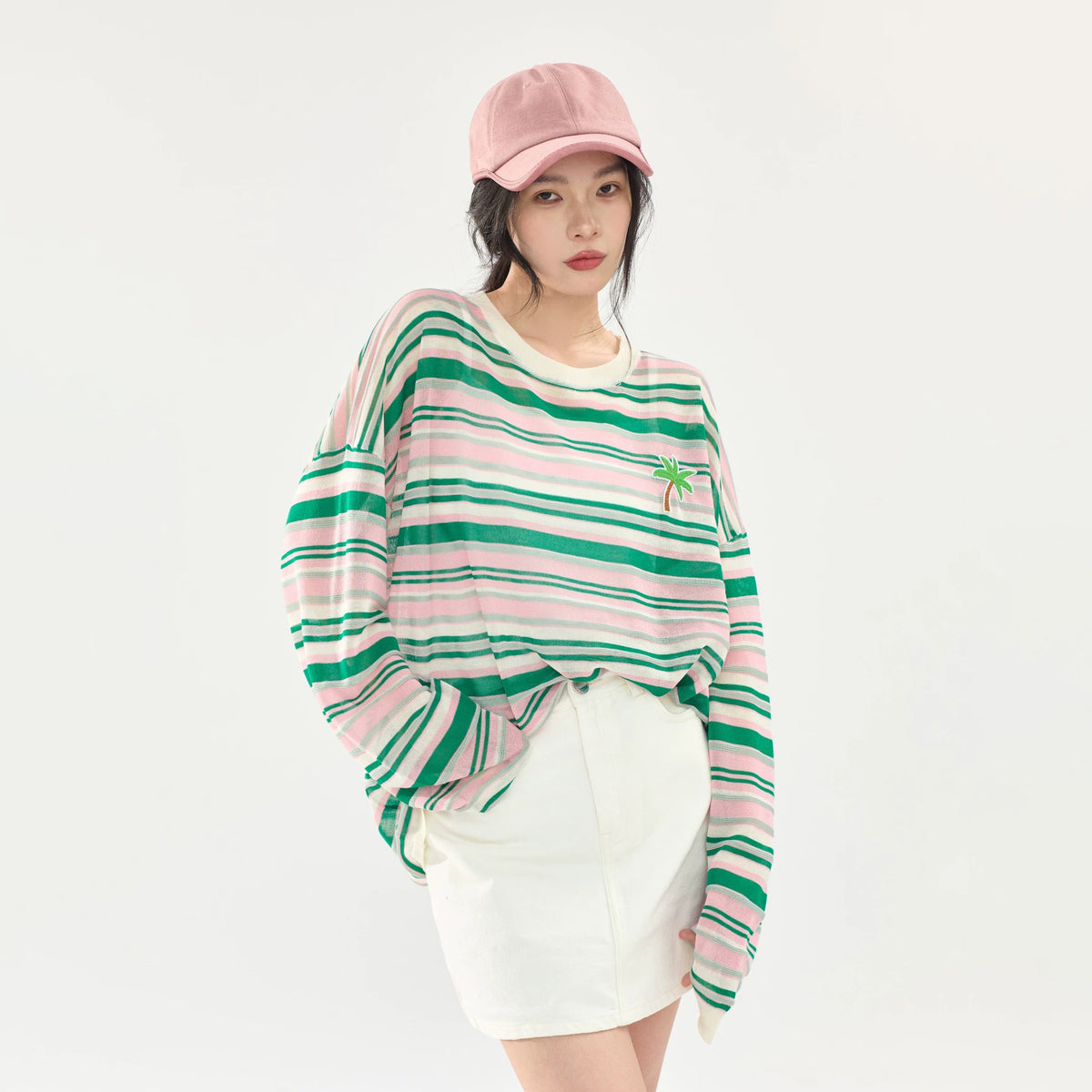 【トップス】配色ボーダーニットトップス レディース 夏新作 長袖 薄手 透け感 カラフル カジュアル Tシャツ【FCシリーズ】