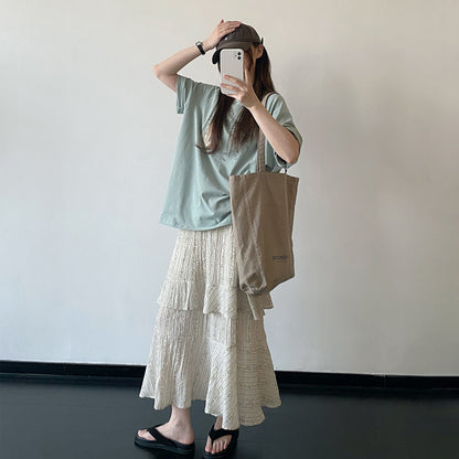 【トップス】レトロパッチ Tシャツ レディース 夏 ライトグリーン 半袖 ルーズフィット クール感 トップス 大人カジュアル 人気【FCシリーズ】