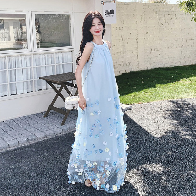 【ワンピース】韓国ファッション ブルー 花柄 ワンピース｜ノースリーブ ティアード ロング丈｜海辺 リゾート ビーチ 撮影用 映えドレス【SHシリーズ】