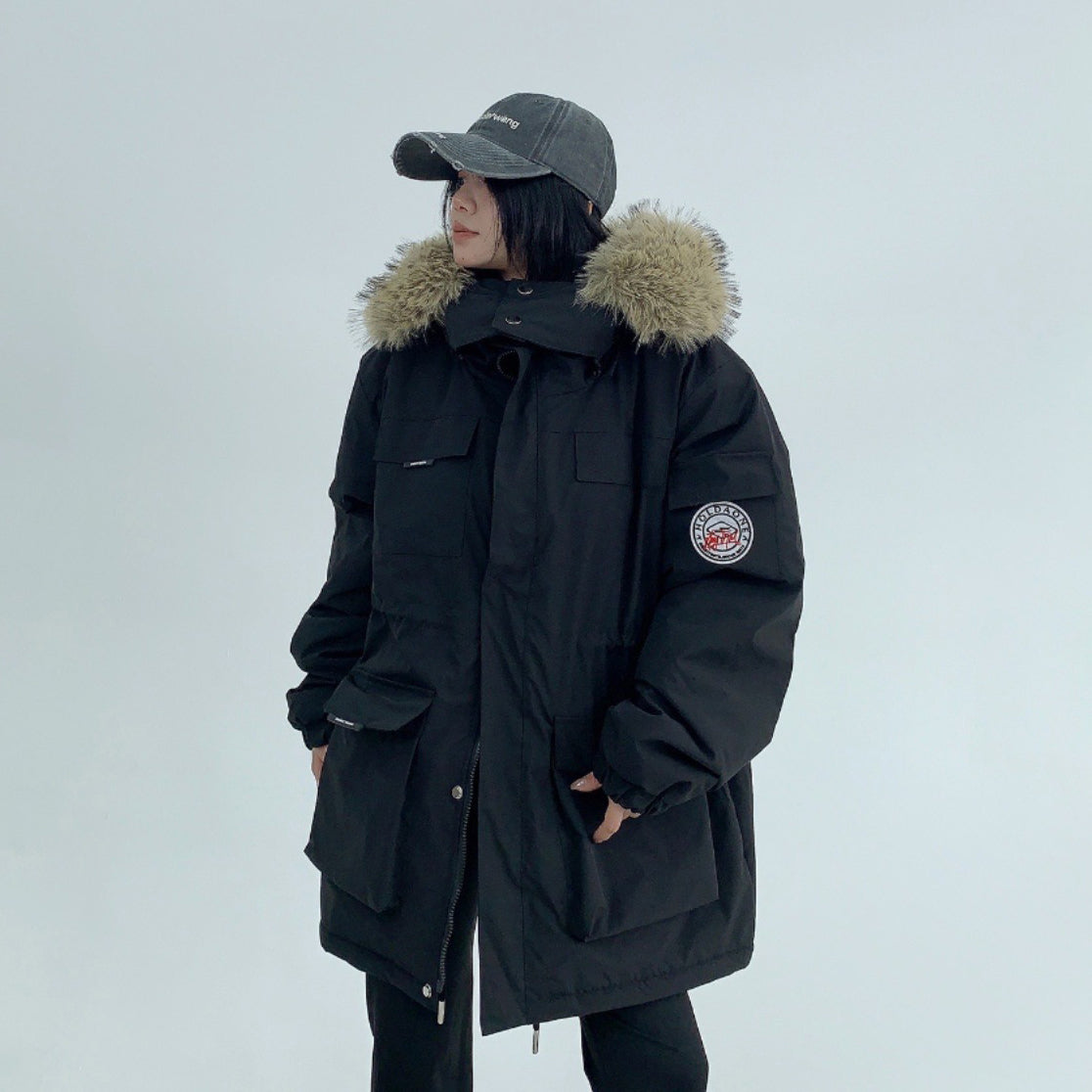 【アウター】💖ユニセックスで着用可！アメリカンヴィンテージ風ワークジャケット ミドル丈 ファー付き 冬新作 綿入れコート【FCシリーズ】