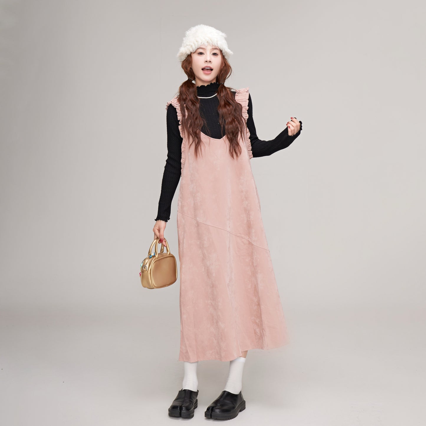 【ワンピース】秋冬 レディース 可愛い Vネックサロペットワンピ ピンク ゆったりノースリーブワンピース【JZシリーズ】