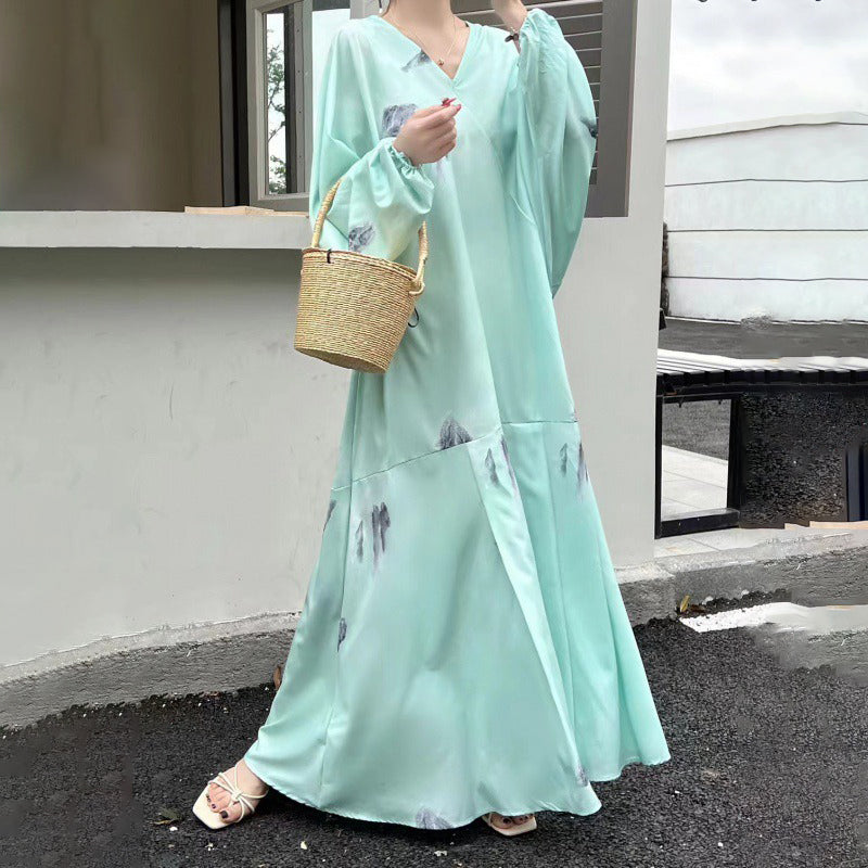 【ワンピース】春秋 水墨中華風プリント 体型カバー 休暇ドレス ゆったり長袖ワンピース