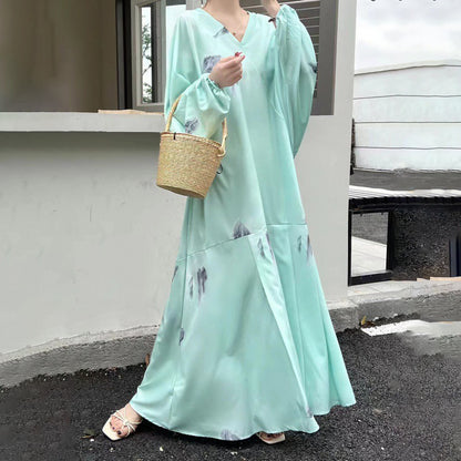 【ワンピース】春秋 水墨中華風プリント 体型カバー 休暇ドレス ゆったり長袖ワンピース