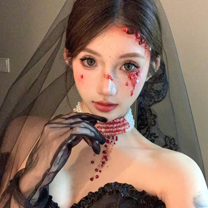 【ハロウィン】血糊パール フリンジチョーカー ゴシック風 コスプレ 花嫁 ネックレス アクセサリー