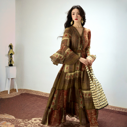 【ワンピース】春 秋 夏 ジプシーガール風 デザイン感 フレアシルエット 長袖 ワンピース 【SHシリーズ】