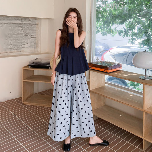 2点セット！【セットアップ】若見え ノースリーブトップス＋ドット柄ワイドパンツ 上下セット レディース 夏 フレンチ風 優雅スタイル【SHシリーズ】【JZシリーズ】