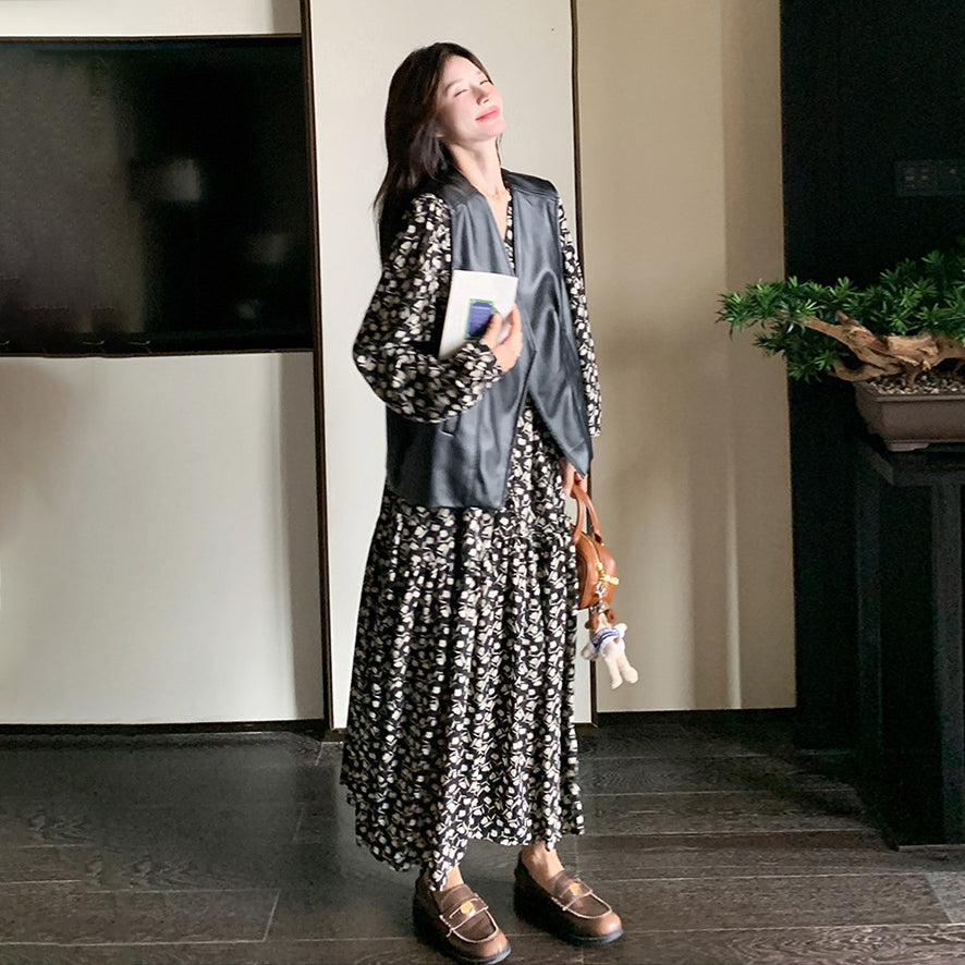 2点セット【セットアップ】PUレザーベスト+ 花柄 長袖ワンピース 2点セット レディース 春秋 高級感  韓国風 コーディネート おしゃれ【SHシリーズ】