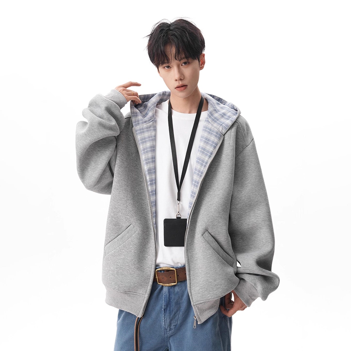 【アウター】アメリカンチェック切り替え フード付きパーカー 男女兼用 春秋 ゆったり ルーズ カジュアル スポーツジャケット【FCシリーズ】