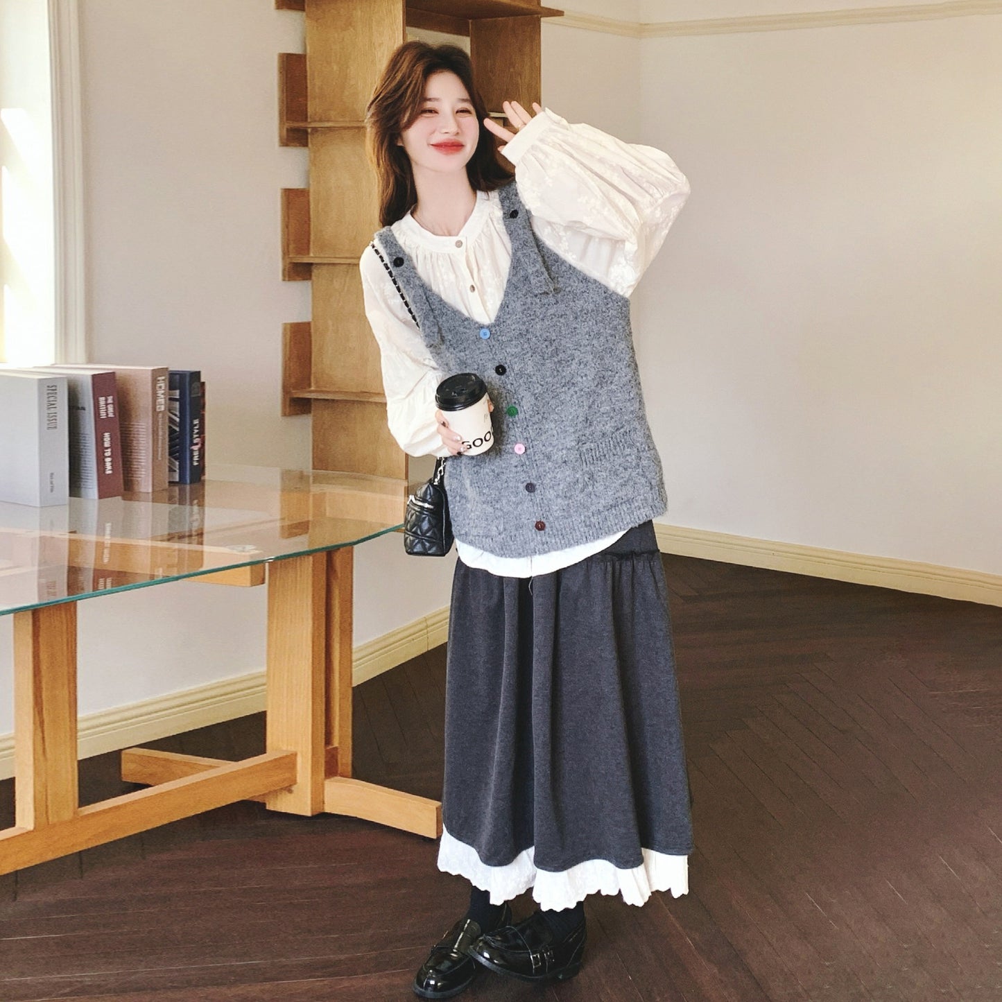 3点セット！【セットアップ】春新作 森ガール風 ニットベスト＋シャツ＋スカート 3点 上下セット 気質アップ＆若見えコーデ【JZシリーズ】