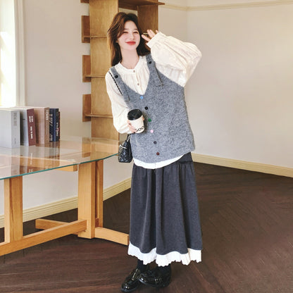 3点セット！【セットアップ】春新作 森ガール風 ニットベスト＋シャツ＋スカート 3点 上下セット 気質アップ＆若見えコーデ【JZシリーズ】