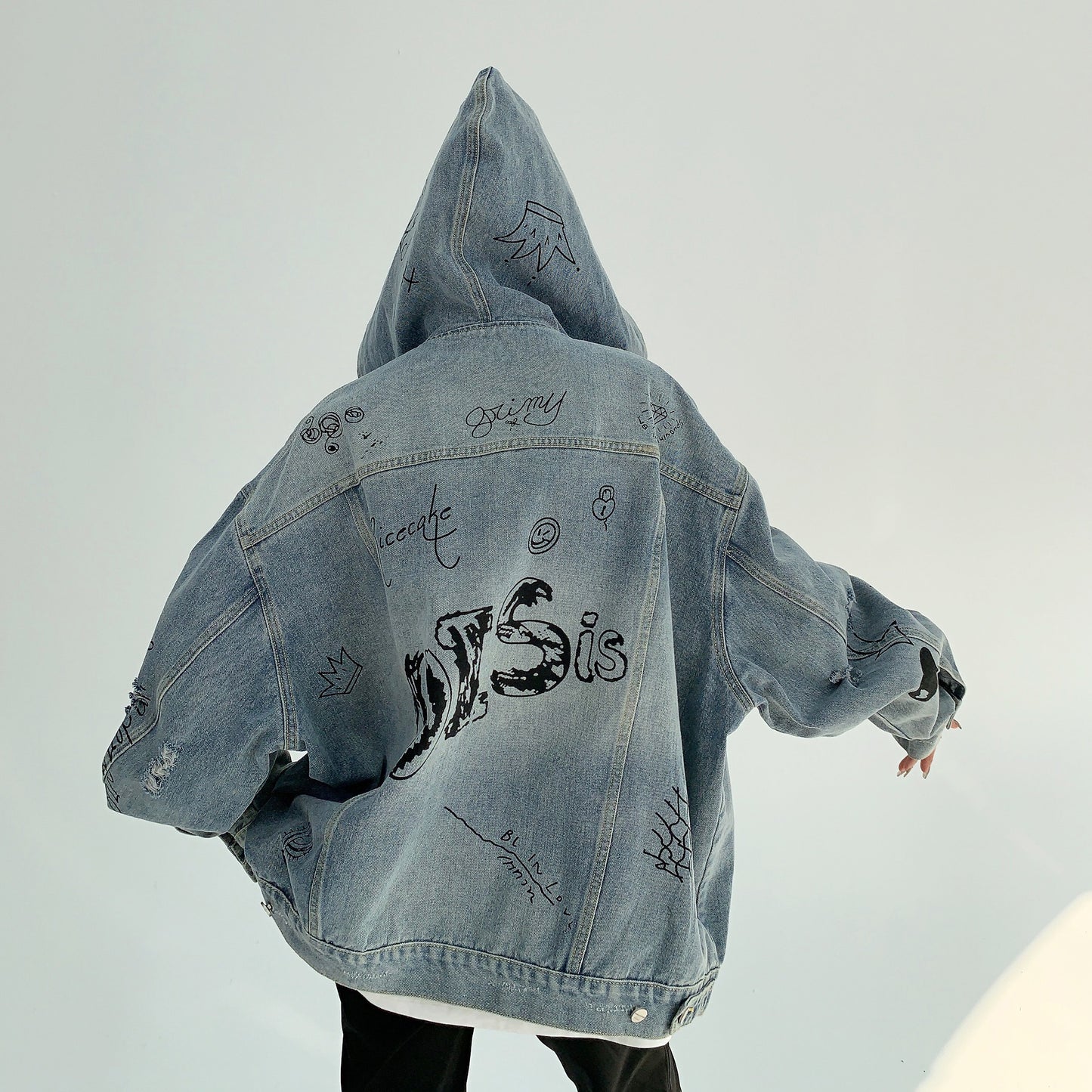 【アウター】春秋 アメリカン 小洒落 ヘビーウェイト カップルジャケット ゆったり レトロデザイン グラフィティ フード付きデニムジャケット【FCシリーズ】