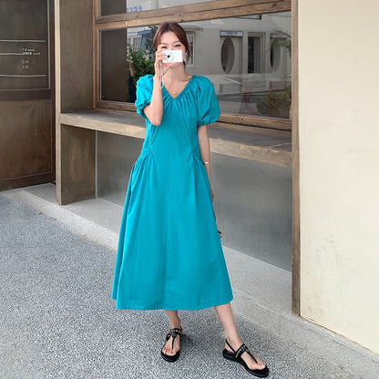 【ワンピース】韓国風 Vネック パフスリーブ  夏 気質 細見え ウエストマーク 半袖ワンピース