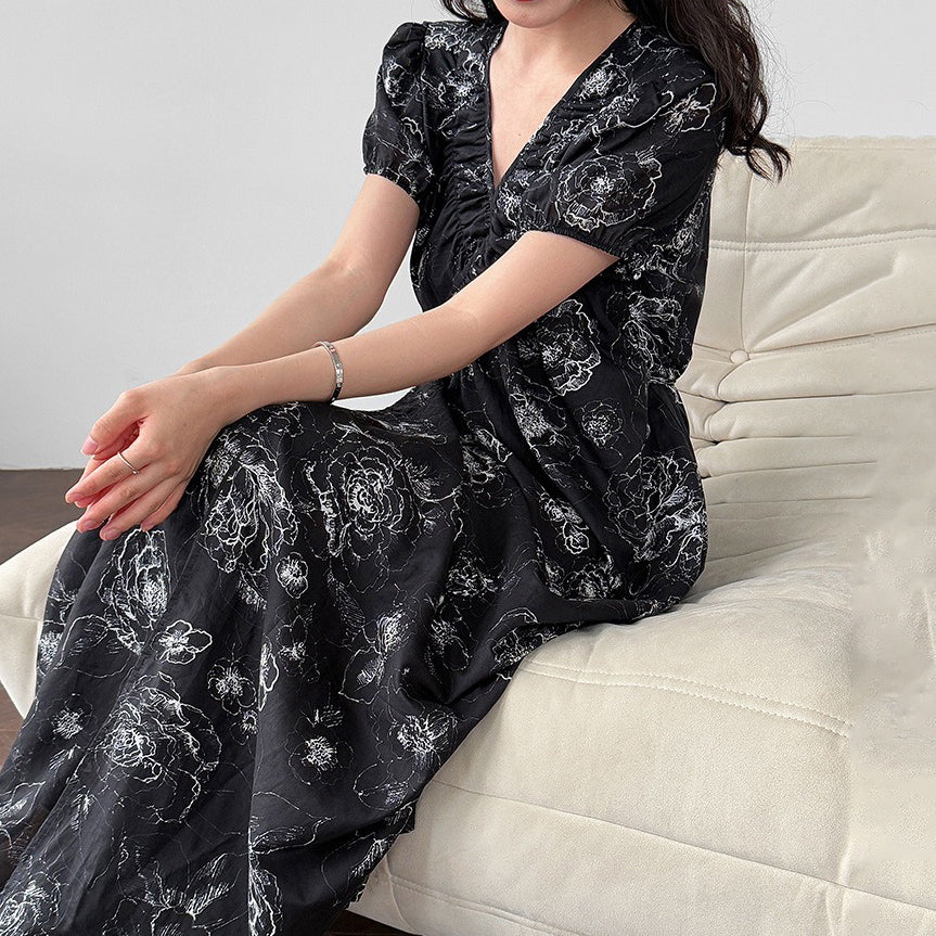 【ワンピース】フレンチ夏新作 上品クラシック水墨画風 花柄ラップ半袖ワンピース【SHシリーズ】【JZシリーズ】