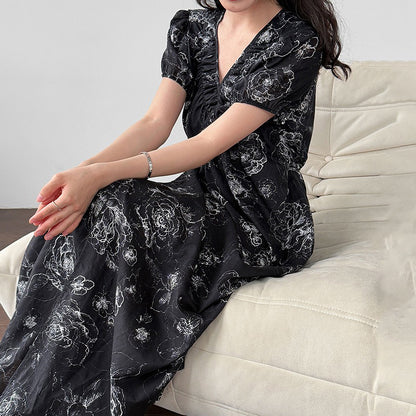 【ワンピース】フレンチ夏新作 上品クラシック水墨画風 花柄ラップ半袖ワンピース【SHシリーズ】【JZシリーズ】