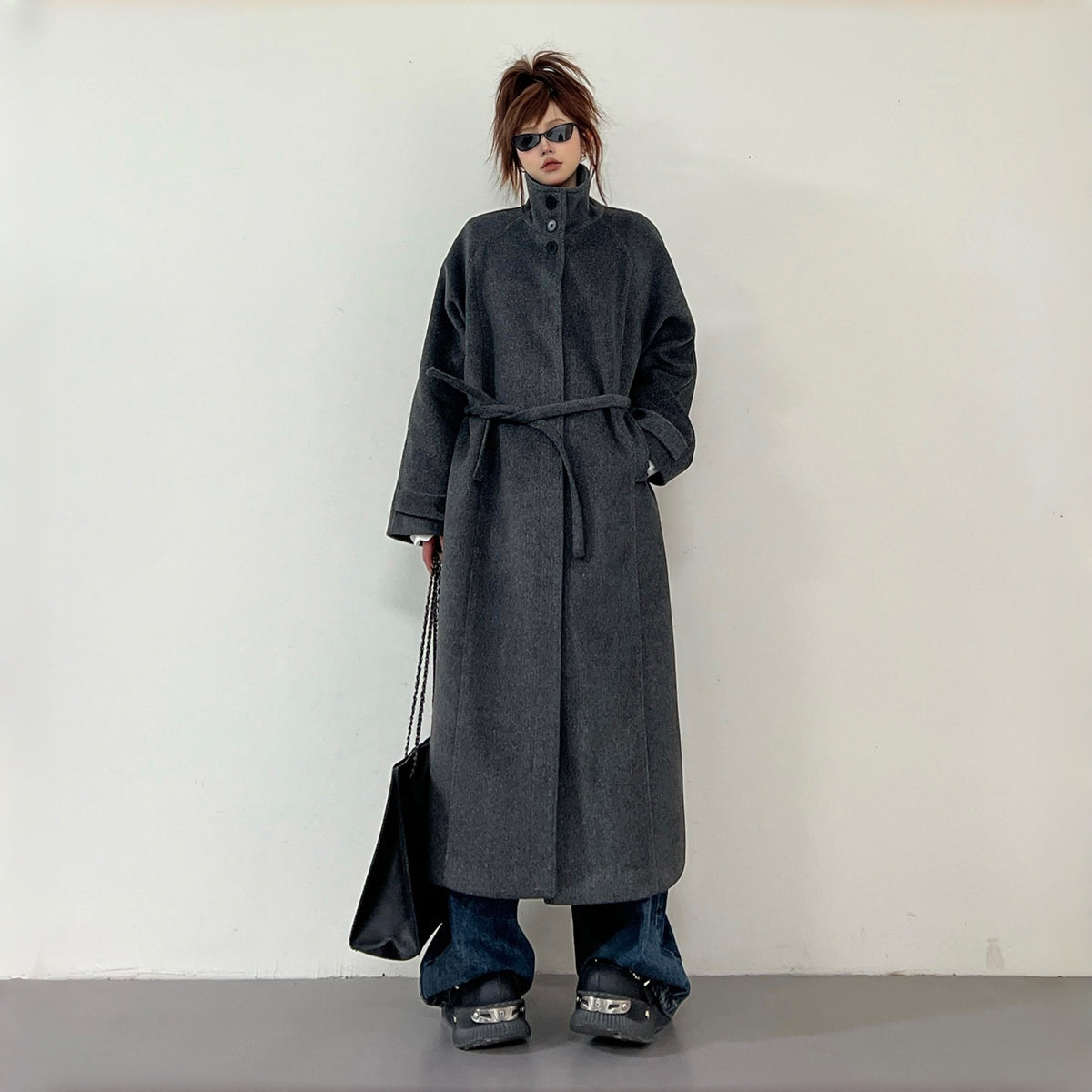 【アウター】秋冬 新作 韓国系 高級感 上品 スタンドネック ベルト付き コート【FCシリーズ】
