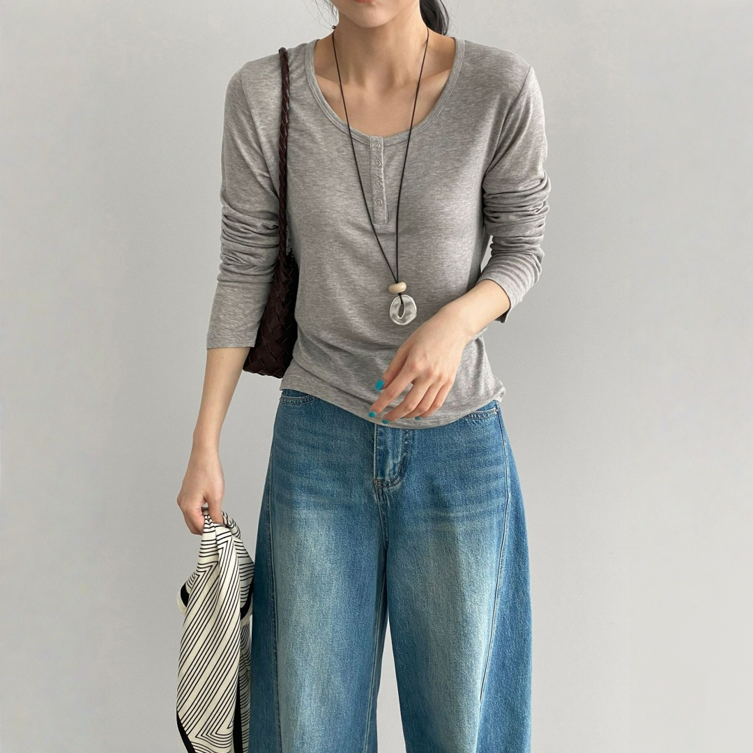 【トップス】テンセル ヘンリーネック ボタン付き 長袖Tシャツ 【JZシリーズ】