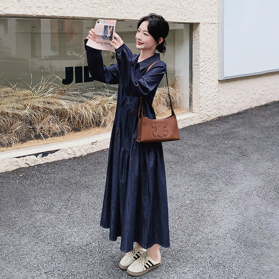 【ワンピース】レトロカジュアル ゆったりデニム 長袖ワンピース レディース フレンチエレガント 学院風 シャツワンピース【JZシリーズ】