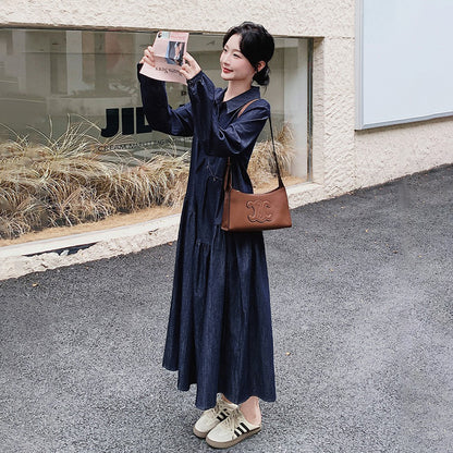 【ワンピース】レトロカジュアル ゆったりデニム 長袖ワンピース レディース フレンチエレガント 学院風 シャツワンピース【JZシリーズ】