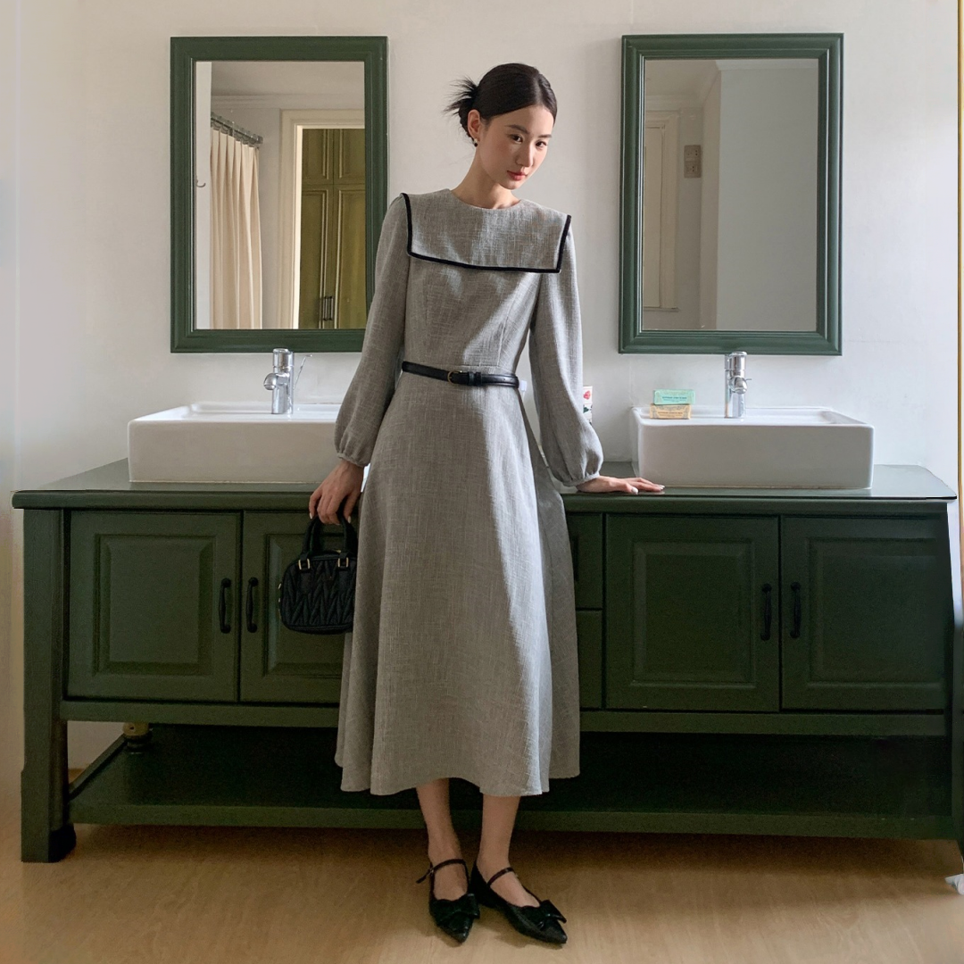 【ワンピース】春 秋 冬 マリン大きめ襟 甘く若見え ウエストシェイプ 長袖 ワンピース 【JZシリーズ】