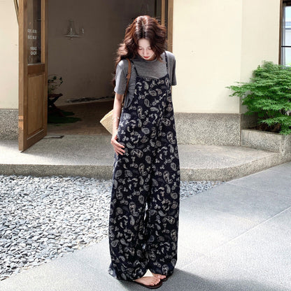 2点セット！【セットアップ】レトロプリントサロペット レディース 夏 半袖Tシャツ 上下セット ゆったり カジュアル【SHシリーズ】