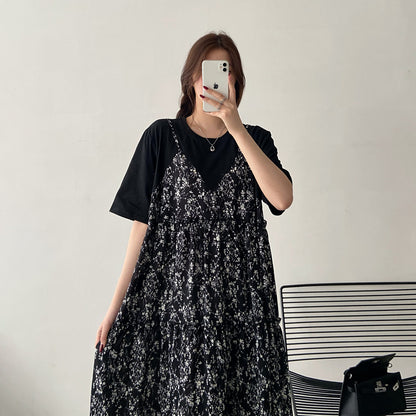 【ワンピース】フレンチ花柄シフォンワンピース レディース 夏 フェミニン 半袖 ロング丈 体型カバー 上品ワンピース【JZシリーズ】