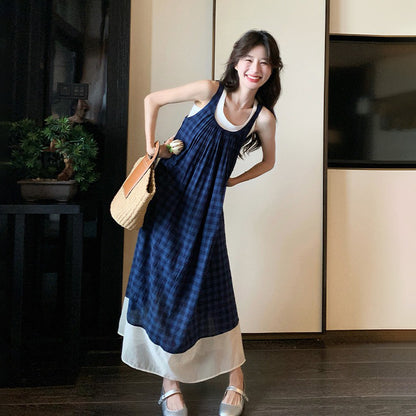 【ワンピース】スクール風 ブルーチェックキャミワンピース ノースリーブワンピース レディース【SHシリーズ】