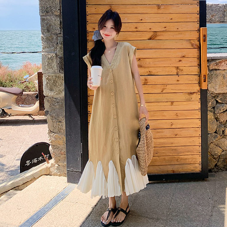 【ワンピース】大人可愛いコットンリネンマーメイド ノースリーブワンピース ゆったり高見えシルエット【JZシリーズ】