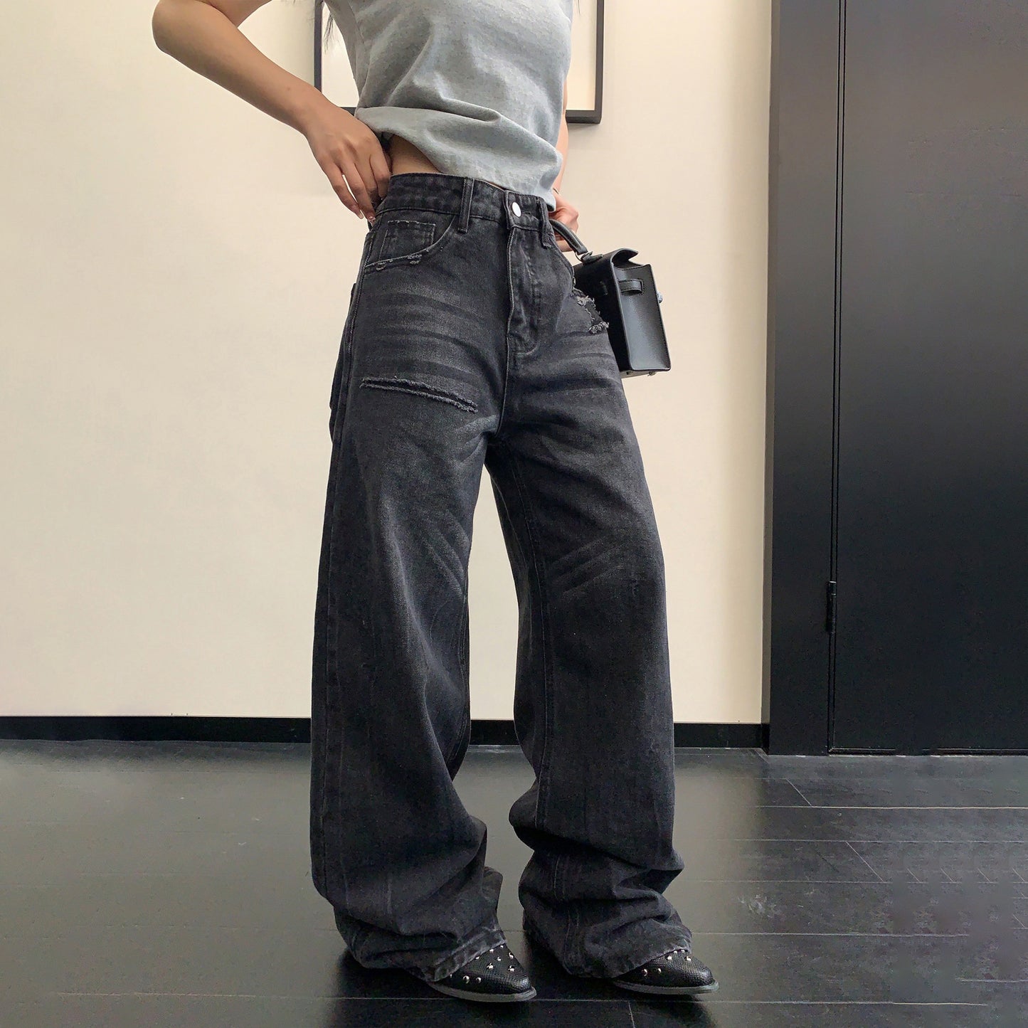 【ボトムス】ヴィンテージ加工 ダメージ 直筒 ワイドレッグ ジーンズ レディース パンツ【FCシリーズ】