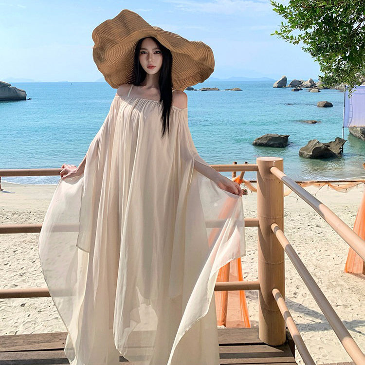 【セットアップ】海辺リゾート風 インナーキャミワンピ×シアーワンピース レイヤードセット ゆったりシルエット ロング丈 バカンスビーチドレス【SHシリーズ】