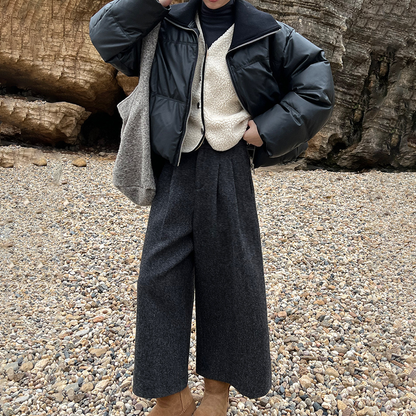 【アウター】冬新作 PUレザー切り替え ダウンコート レディース ショート丈 ホワイトダックダウン【JZシリーズ】