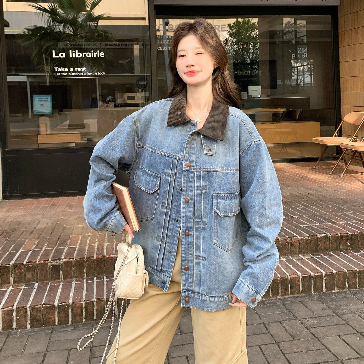 【アウター】韓国風配色コーデュロイカラーデニムジャケット レディース ゆったり ワークジャケット ヴィンテージ 秋コーデ【JZシリーズ】