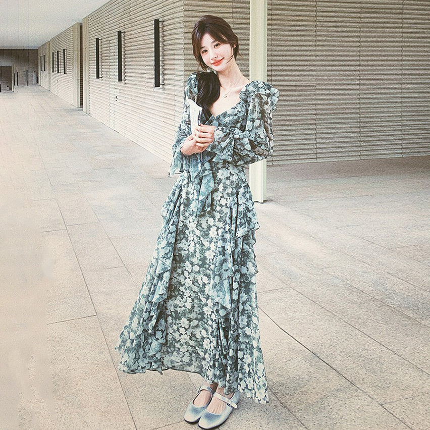 【ワンピース】森系花柄シフォン長袖ワンピース レディース 春夏秋 薄手 ウエストマーク Aライン ロング丈【SHシリーズ】