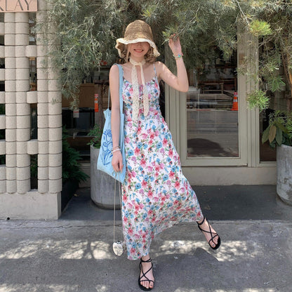 M~4XL【セットアップ】【単品注文】大きいサイズ 花柄キャミワンピース レディース 夏 ウエストシェイプ ゆったりAライン ノースリーブ 着痩せデザイン ロング丈【SHシリーズ】