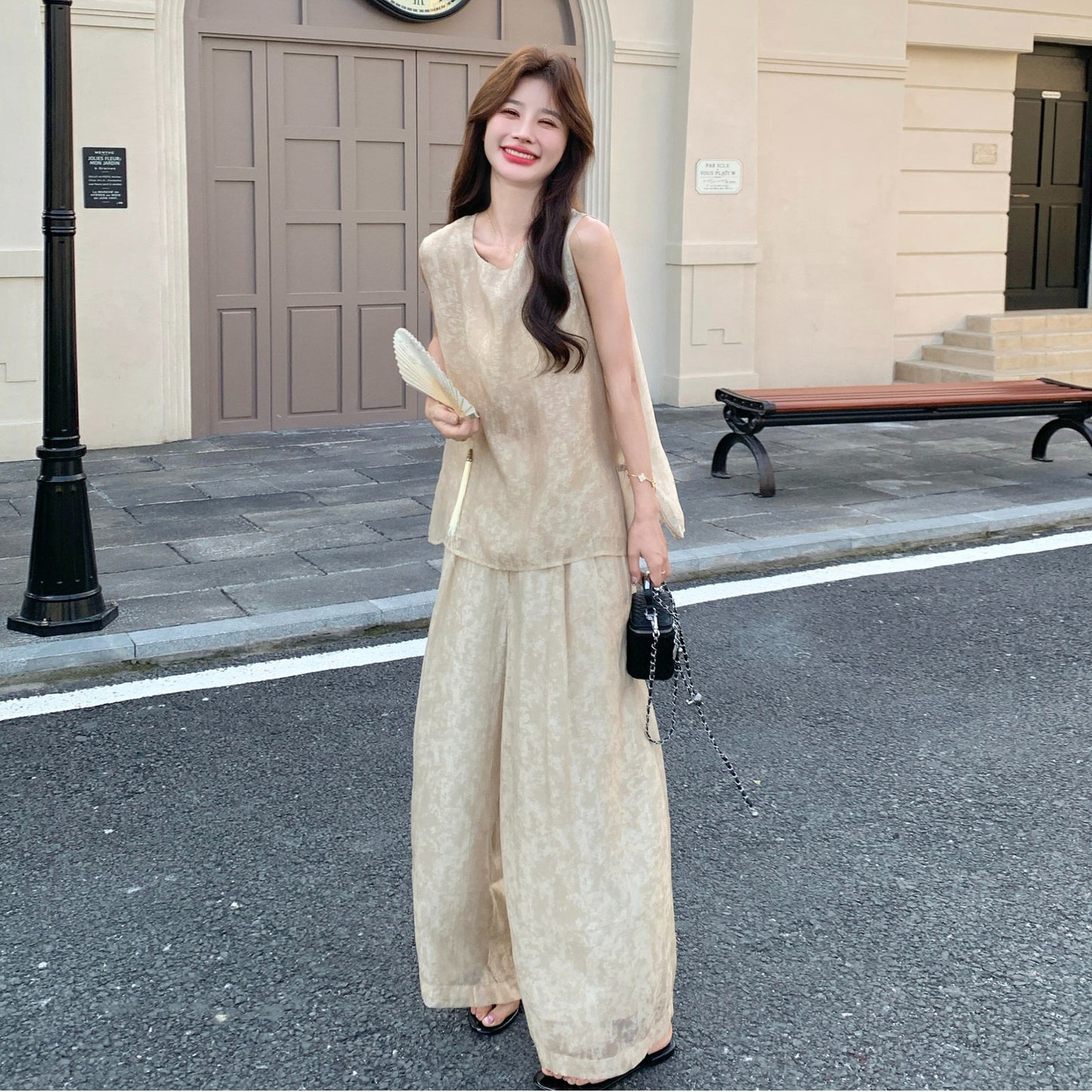 2点セット！【セットアップ】オールドマネー風 レース切替 夏 ベスト+ワイドパンツ 上下セット 上品 高級感【JZシリーズ】