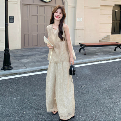 2点セット！【セットアップ】オールドマネー風 レース切替 夏 ベスト+ワイドパンツ 上下セット 上品 高級感【JZシリーズ】