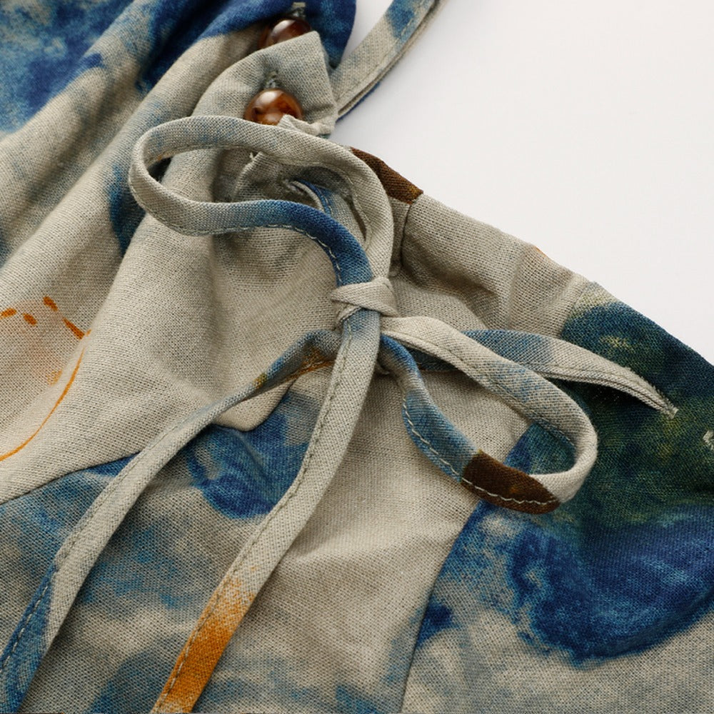 【ワンピース】ブルー アート感漂うアンダートレンドデザイン ノースリーブキャミソールワンピース【SHシリーズ】