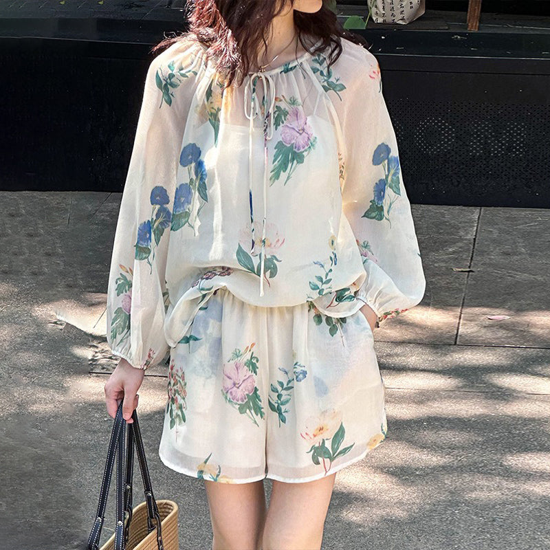 2点セット!【セットアップ】韓国風 ゆったりプリントUVカットシャツ＋ハイウエストショートパンツ 上下セットアップ【SHシリーズ】【JZシリーズ】