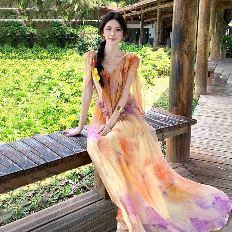 【ワンピース】リゾート風 グラデーションワンピース レディース 夏 ノースリーブ ロング丈 フレアシルエット 海辺コーデ バカンススタイル【SHシリーズ】