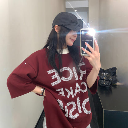 【トップス】リラックス感 小众デザイン 切り替えプリント 半袖Tシャツ【FCシリーズ】