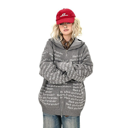 【アウター】総柄レタリング ニットカーディガン レディース ゆったり BF風 アメリカン カップル向け トレンド【FCシリーズ】