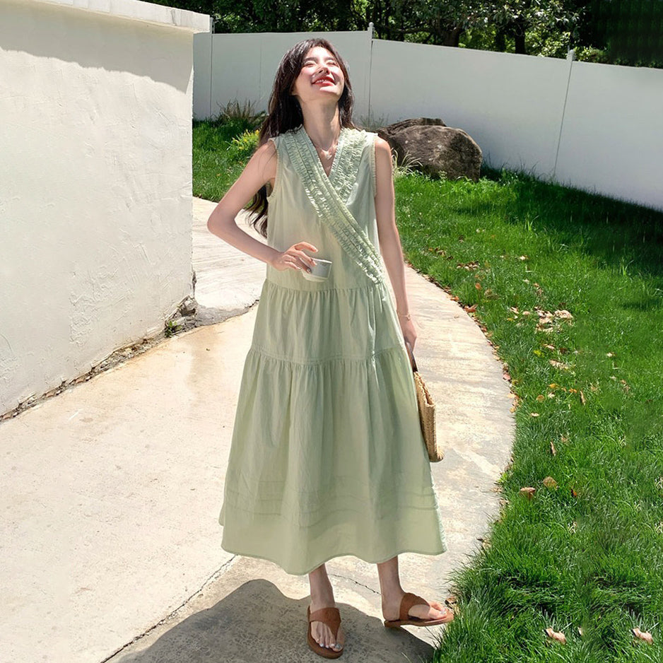 【ワンピース】ミントグリーン フリル プリーツ ノースリーブ ワンピース レディース 夏 甘め 若見え スタイル【JZシリーズ】