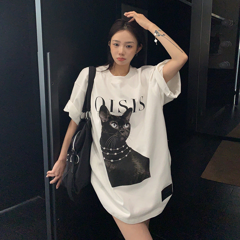 【トップス】ダークアート 猫プリントTシャツ レディース ゆったり こなれ感 半袖【FCシリーズ】