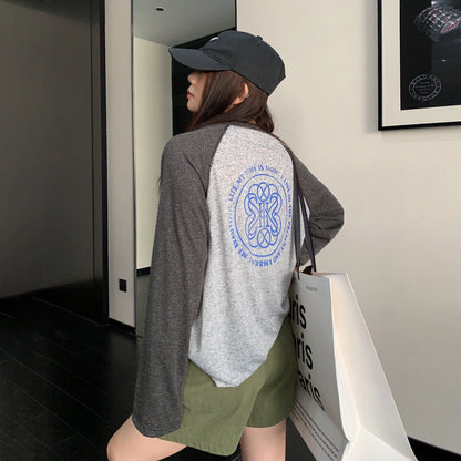【トップス】レトロ配色ショート丈ロンT レディース 薄手 リラックス 秋コーデ 長袖Tシャツ【FCシリーズ】