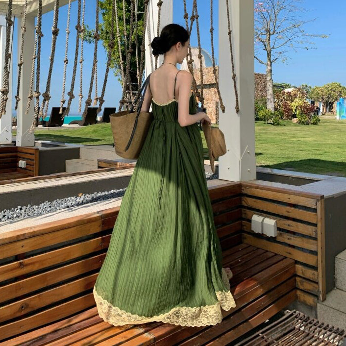 【ワンピース】海島リゾート風 シフォンキャミワンピース ふんわり大フレア ロング丈 海辺&旅行コーデ ノースリーブドレス【SHシリーズ】