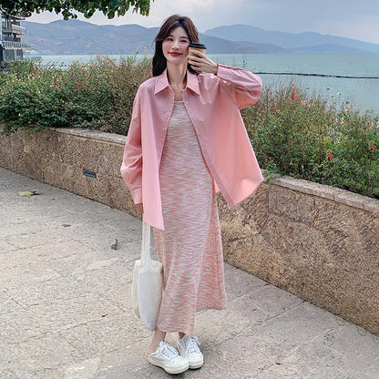 2点セット！【セットアップ】後ろリボンシャツ＋ピンクボーダー ニットノースリーブワンピース 2点セット 春秋 韓国系 おしゃれ可愛い レディースコーデ【SHシリーズ】