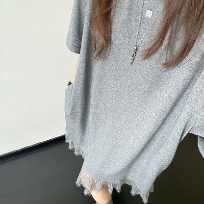 【ワンピース】レース切替Tシャツワンピース レディース 半袖 ゆったり ドロップショルダー リラックス ロング丈 夏【FCシリーズ】