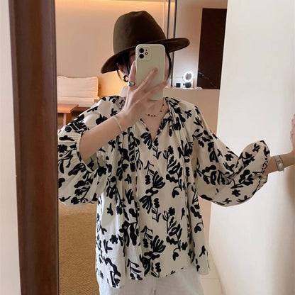 【トップス】フレンチ風パフスリーブ ゆるかわ花柄長袖ブラウス レディース【SHシリーズ】