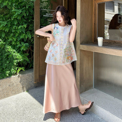 2点セット！【セットアップ】新中華風 レディース 刺繍ベスト ノースリーブ スカート 上下セット 上品 エレガント【SHシリーズ】